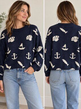 Vintage Tarazzia Navy Blue Nautical Anchor Sailboat Seashell Sweater Medium